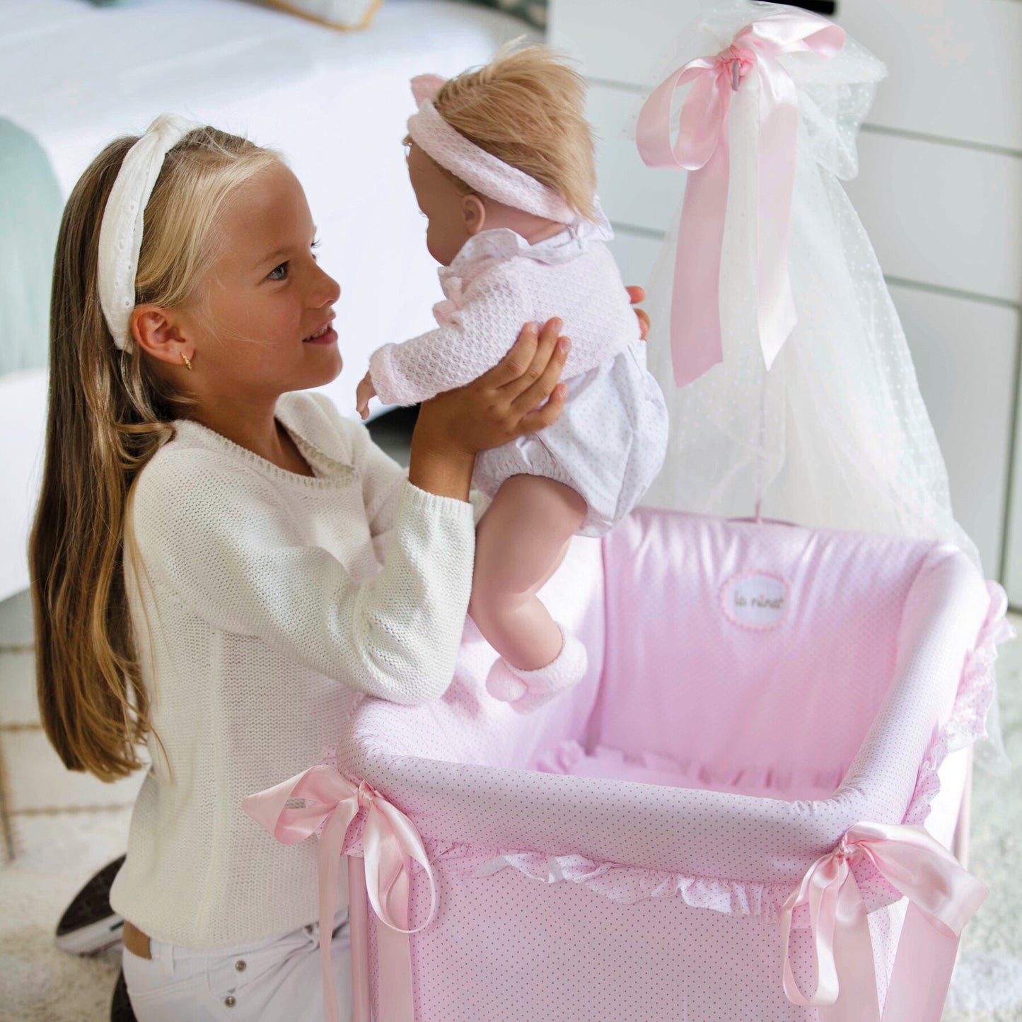 La Nina - Cuna con dosel Polka Dot Pink